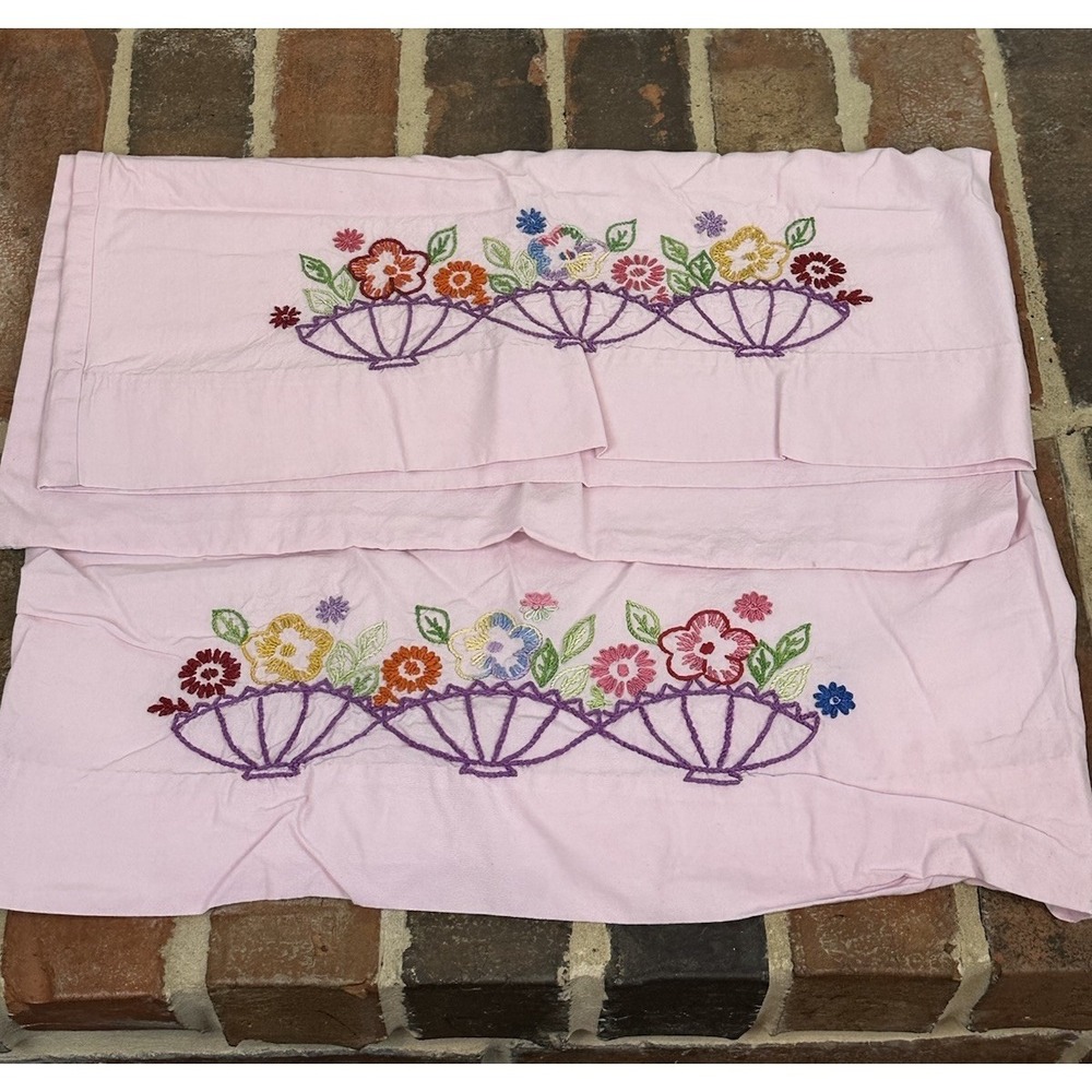 2 Vintage Standard Cotton Pink Pillowcases Hand Embroidered Flowers Baskets